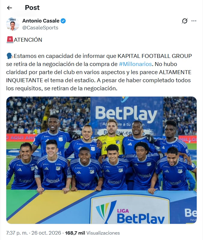 Kapital Football Group decidió que ya no quiere comprar a Millonarios: las dificultades con el estadio El Campín habrían influido