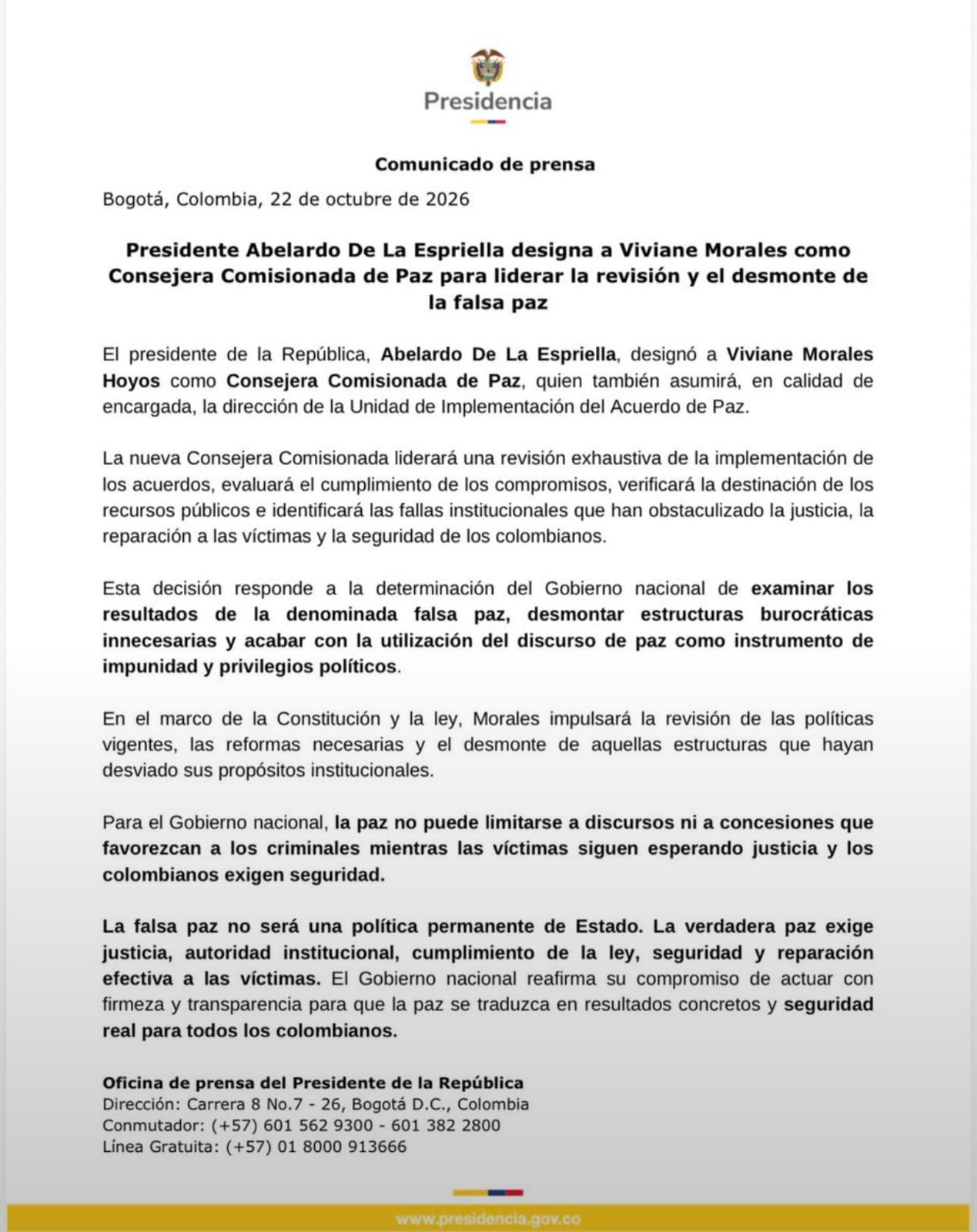 Presidencia volvió a publicar la hoja de vida de Viviane Morales: este será el nuevo cargo de la exministra en el gobierno de Abelardo de la Espriella